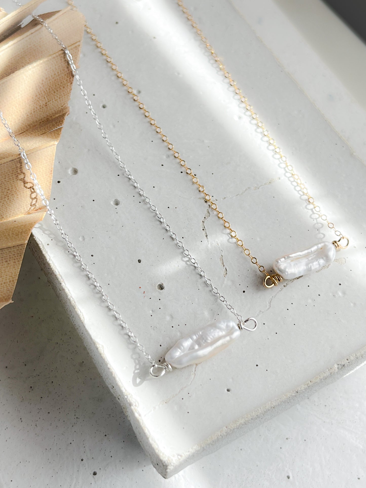 SAMPLE SALE - Sterling Silver & Gold Vermeil Biwa Freshwater Pearl Chain Necklace