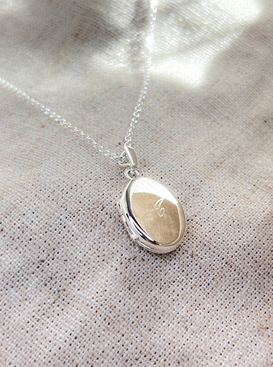 Sterling Silver Oval Locket Necklace with Initial Engraving