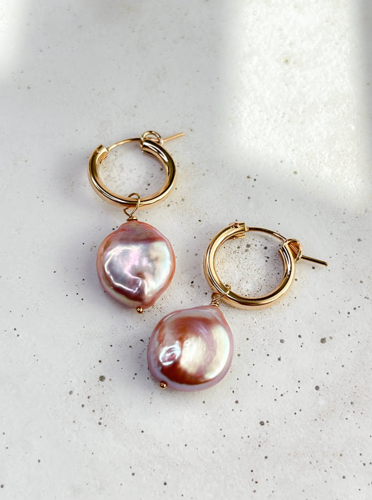Gold Vermeil & Lavender Metallic Freshwater Pearl Hoop Earrings