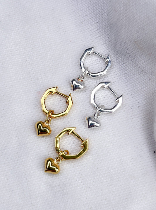 SAMPLE SALE - Sterling Silver & Gold Vermeil Puffed Heart Charm Huggie Hoop Earrings