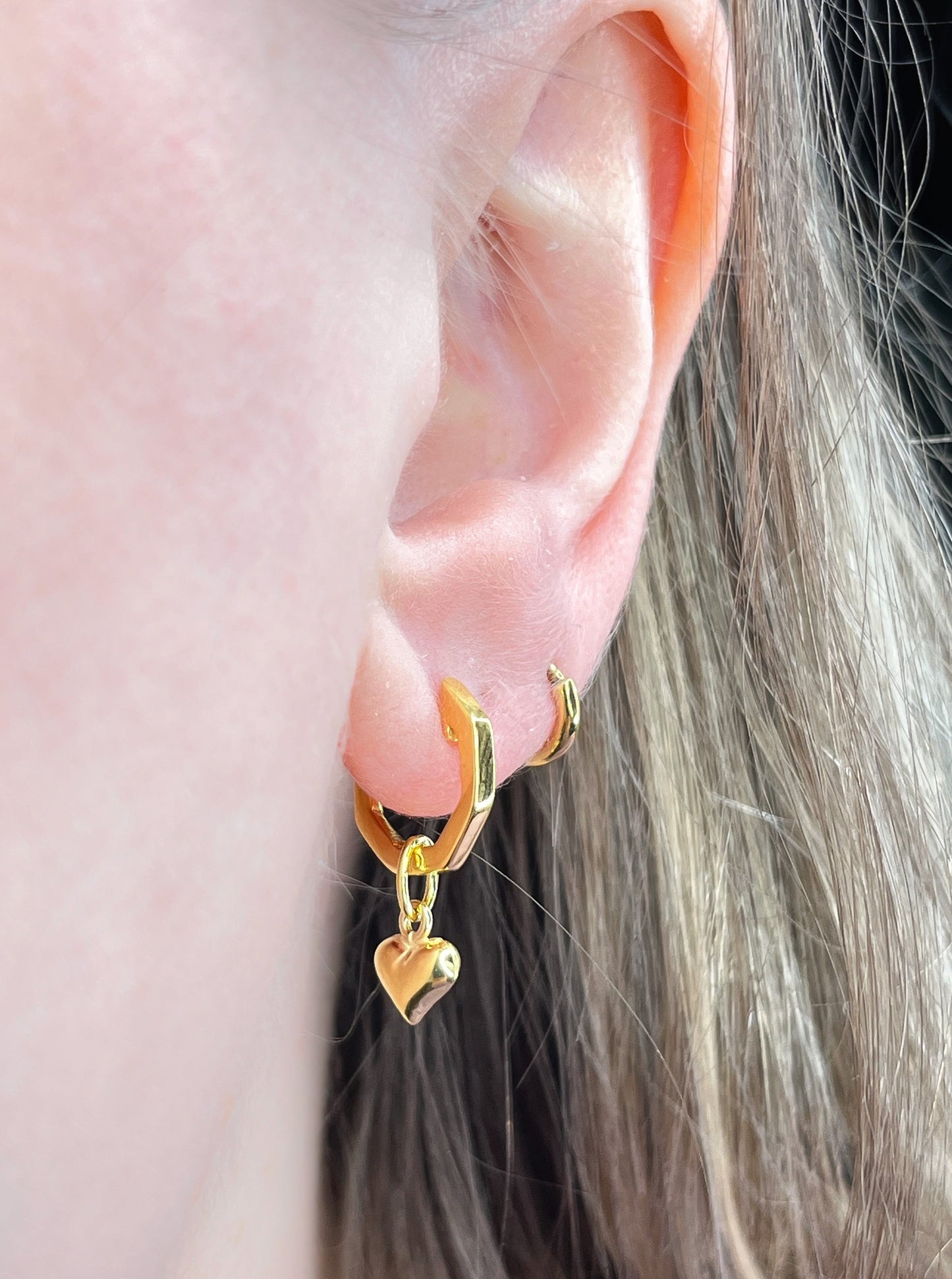 SAMPLE SALE - Sterling Silver & Gold Vermeil Puffed Heart Charm Huggie Hoop Earrings