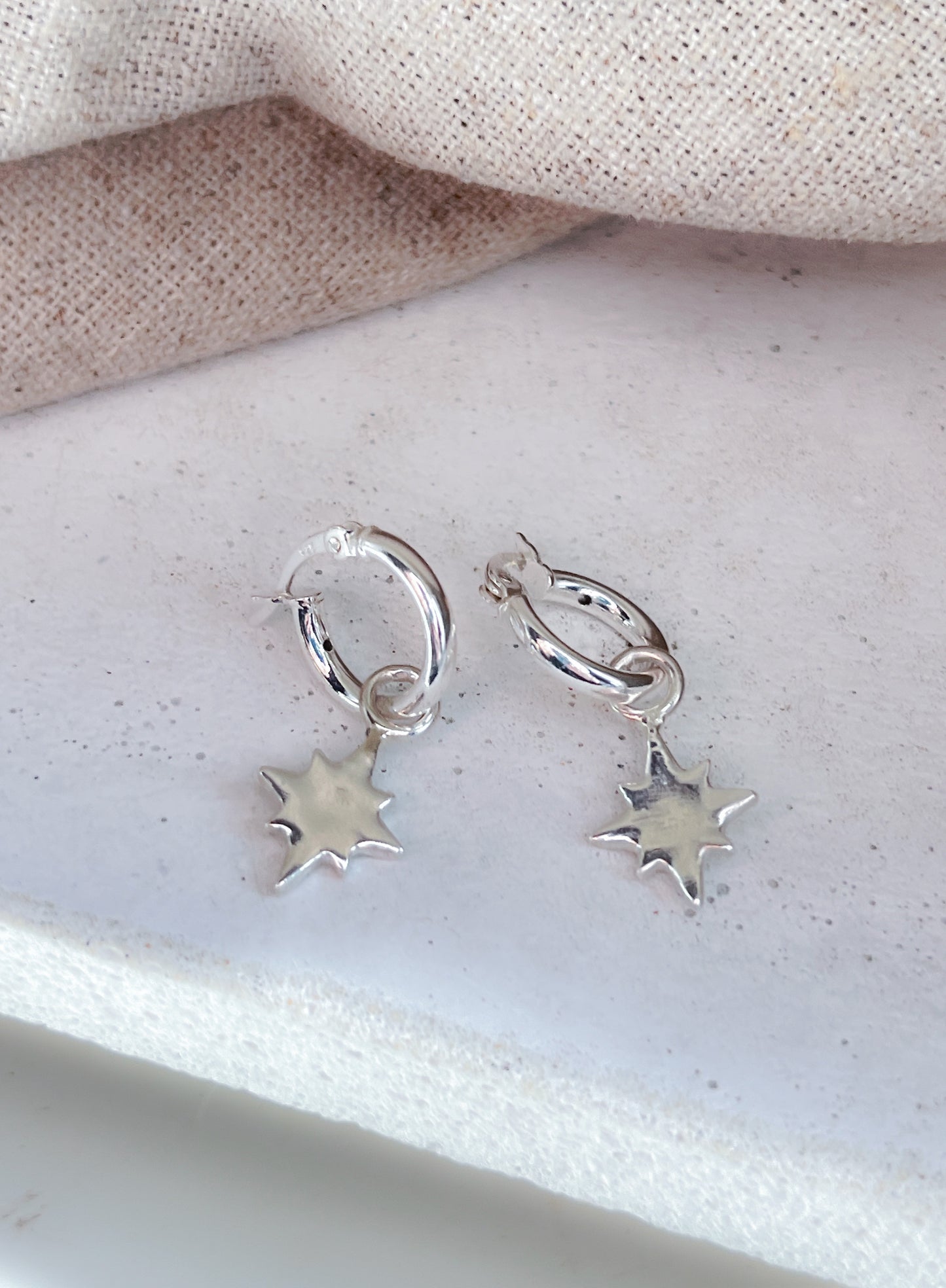 Sterling Silver Guiding North Star Charm Hoop Earrings