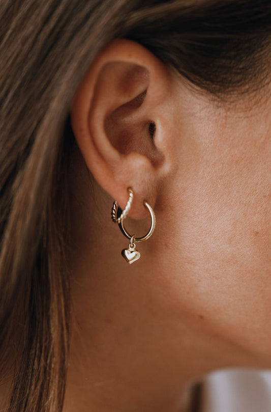 Sterling Silver & Gold Vermeil Puffed Heart Charm Mini Hoop Earrings