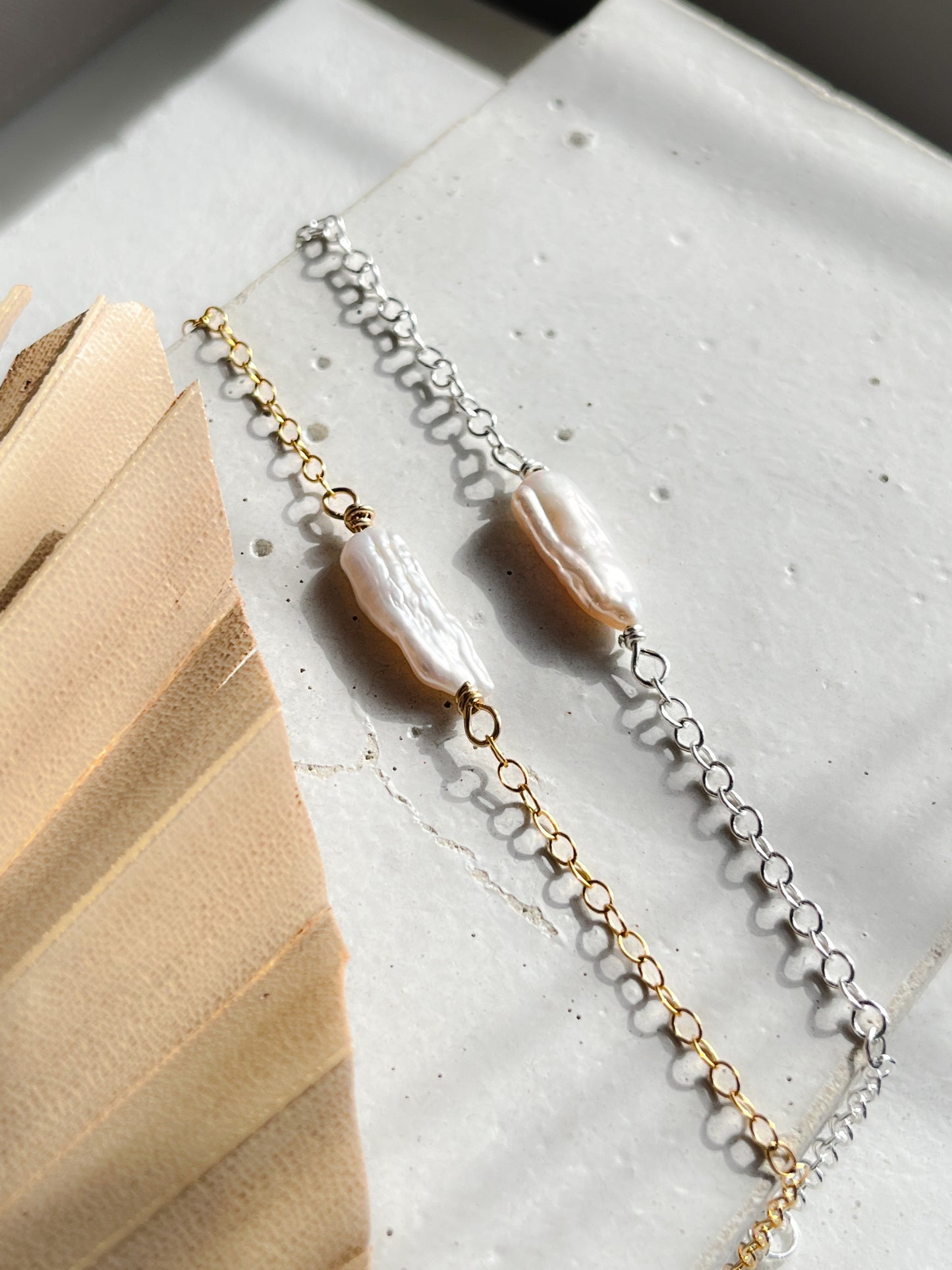 Sterling Silver & Gold Vermeil Biwa Freshwater Pearl Chain Bracelet