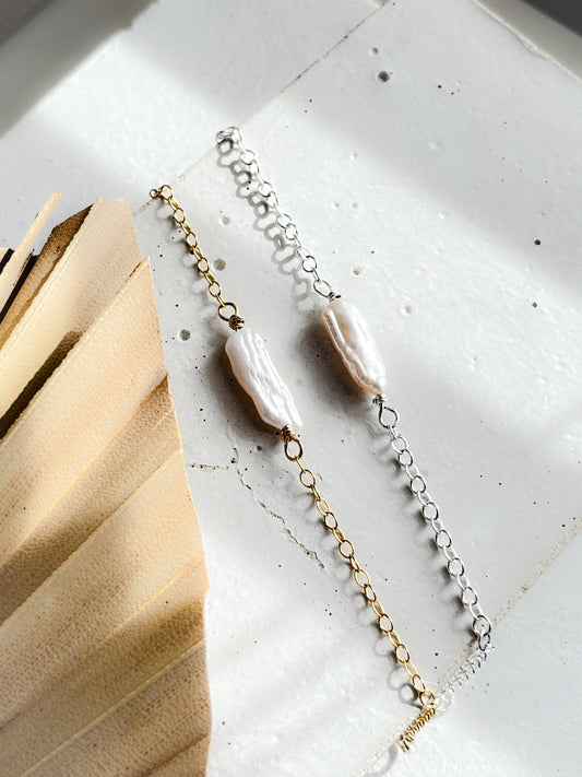 Sterling Silver & Gold Vermeil Biwa Freshwater Pearl Chain Bracelet