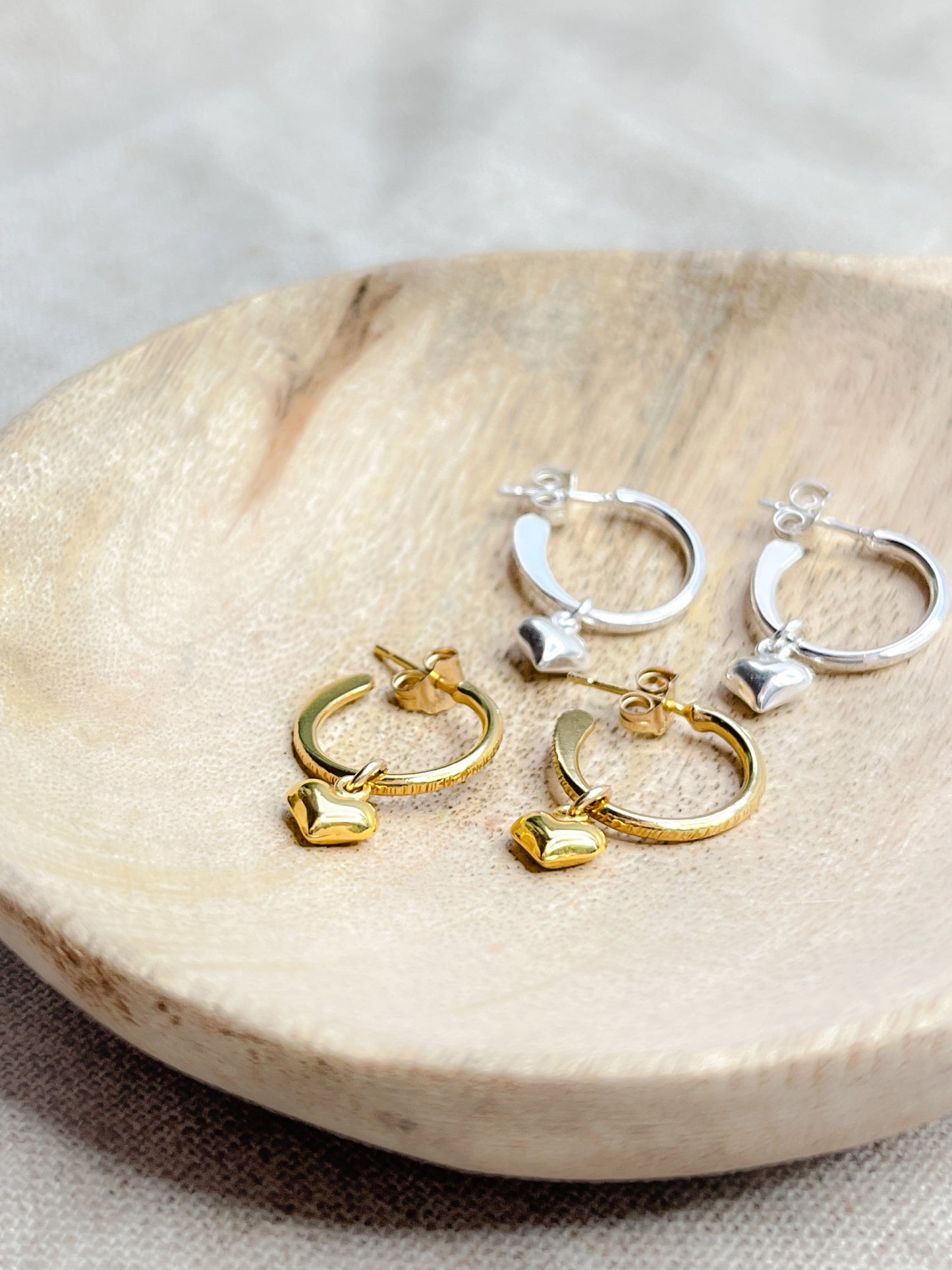 Sterling Silver & Gold Vermeil Puffed Heart Charm Mini Hoop Earrings