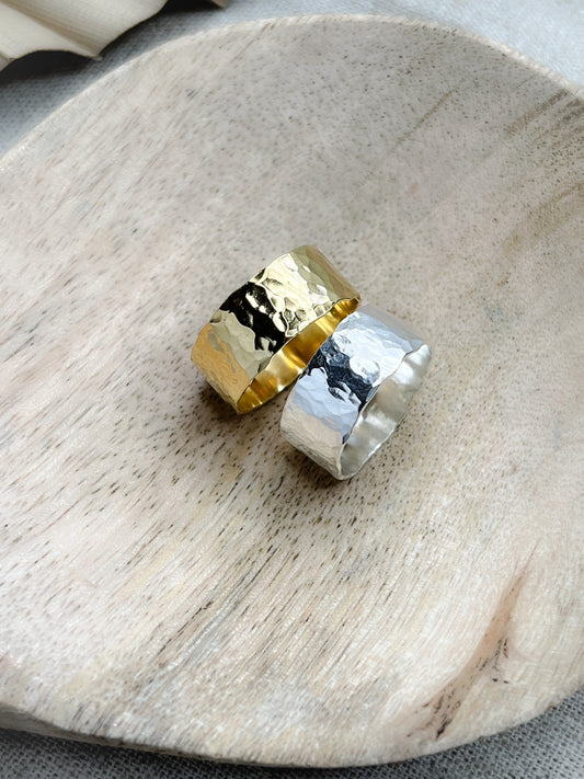 Sterling Silver & Gold Vermeil Wide Hammered Statement Band Ring
